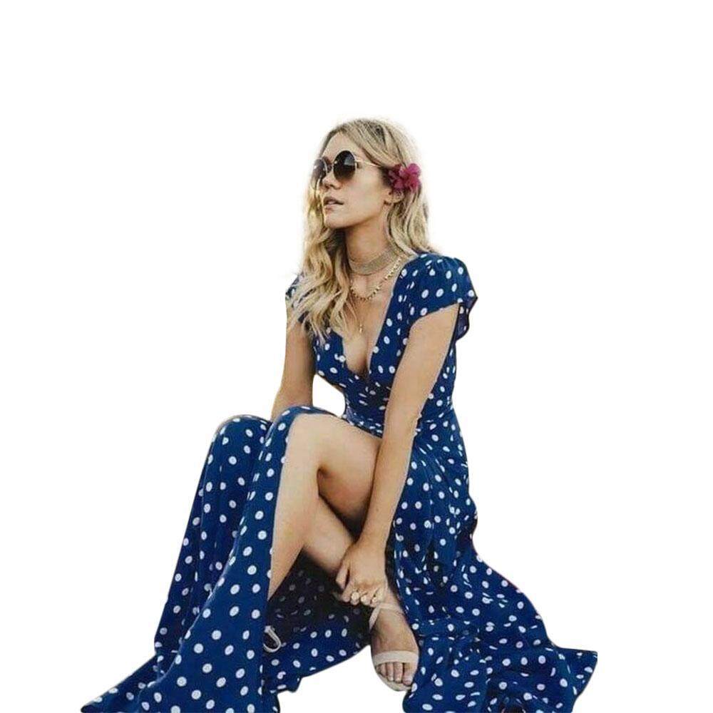 niceEshop Summer Women's Polka Dot Print Low Cut Burst Short Sleeve Split Skirt