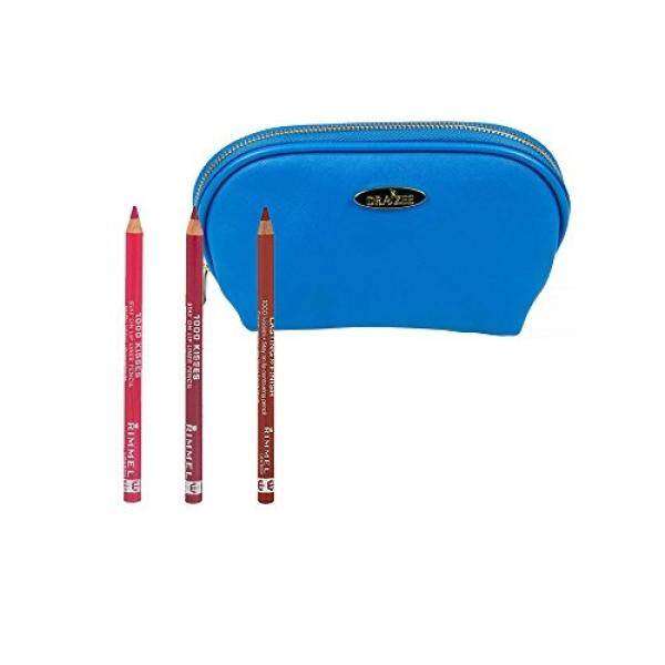 Rimmel 1000 Kisses Lip Liner Makeup Kit with Three 0.40 Oz Pencil Shades; Indian Pink, Spice and Cherry Kiss with Dark Blue Draizee Leather Cosmetic Bag - intl Philippines