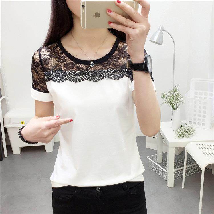 Women Summer Lace Stitching Short-sleeved T-shirts Female Korean Style Plus Size Bottoming Shirts Lady Fashion Blouse