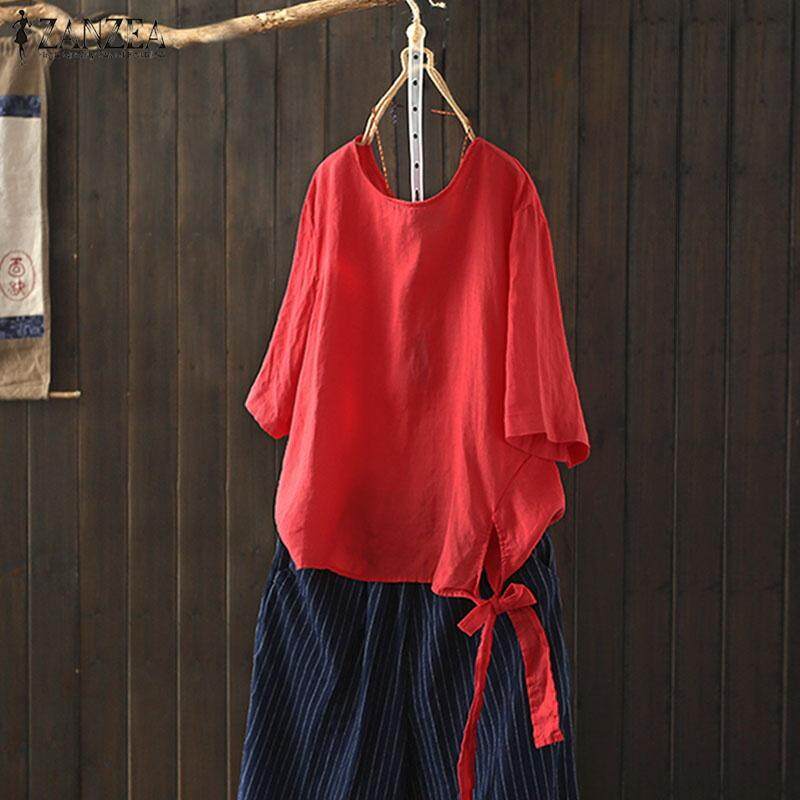 ZANZEA Women Plus Size Baggy 3/4 Sleeve Retro Cotton Top Tee T Shirt Blouse