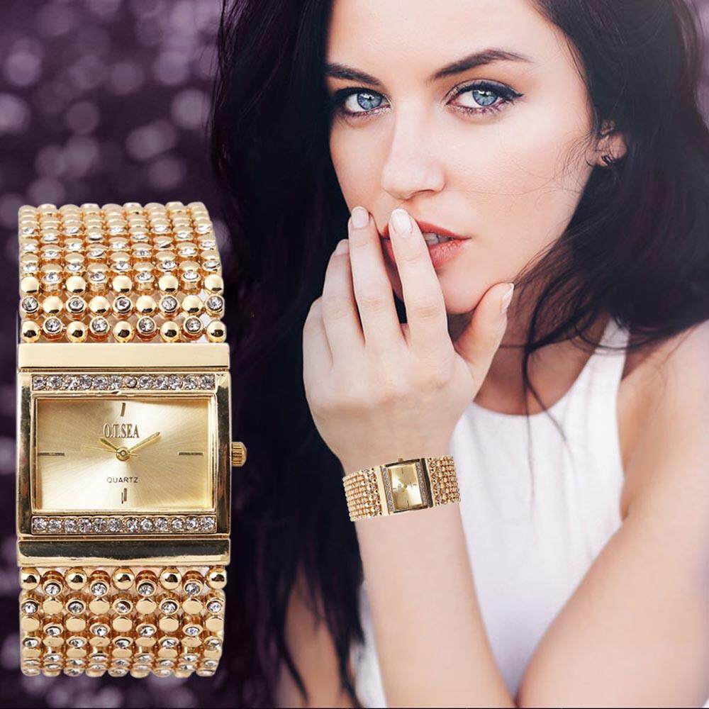 Nagostore ผู้หญิงสแตนเลสนาฬิกาควอตซ์ Rhinestone คริสตัลนาฬิกาข้อมือ Analog - INTL