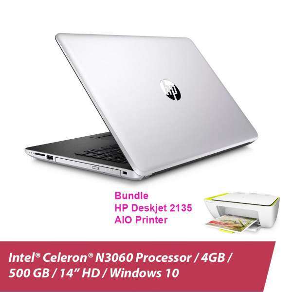 HP 14-bs538TU Laptop (Celeron N3060, 4GBD3, 500GB, 14.0, Win10) - Natural Silver + HP 2135 Deskjet Printer + Free Backpack Malaysia