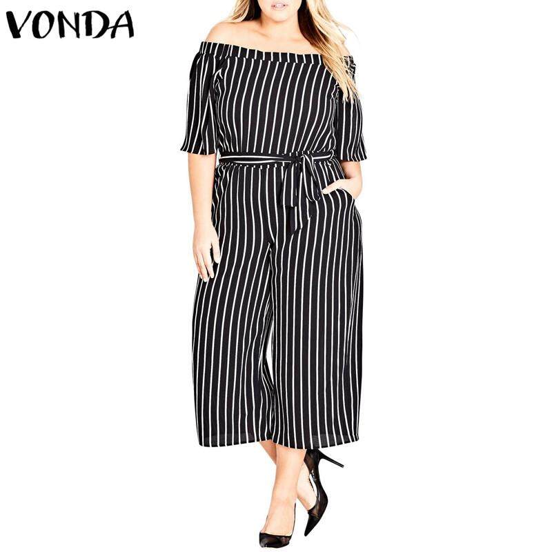 VONDA ผู้หญิงปิดไหล่ขนาดใหญ่ชุดว่ายน้ำ jumpsuit Romper กว้างขากางเกงทรงหลวม