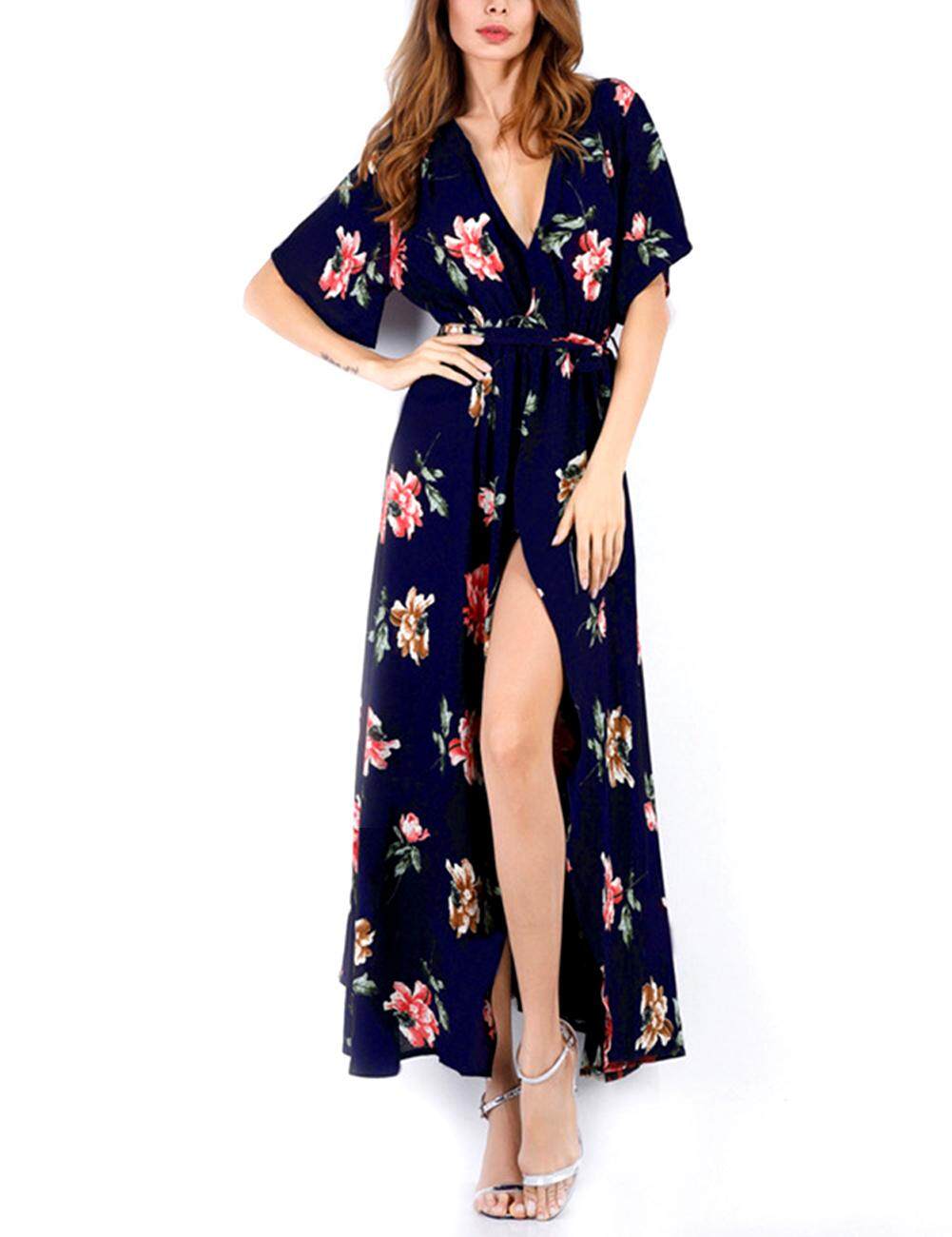 Veecome ผู้หญิงชุดเดรสลายดอกไม้ Boho V คอชีฟองยาวกระโปรงขนาดบวก M-XL สำหรับฤดูร้อน