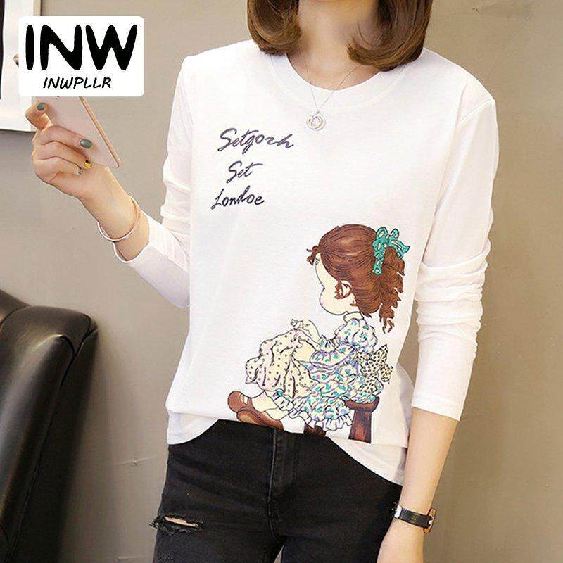 INWPLLR แฟชั่นของผู้หญิงท็อปส์ซูสไตล์เกาหลีเสื้อยืดผู้หญิงพิมพ์เสื้อลำลองแขนยาวผู้หญิงเสื้อยืดขนาดใหญ่