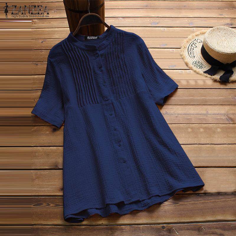 ZANZEA Women Short Sleeve Cotton T-Shirt Blouse Pleated Loose Buttons Down Shirt Tops ZANZEA Women Short Sleeve Cotton T-Shirt Blouse Pleated Loose Buttons Down Shirt Tops