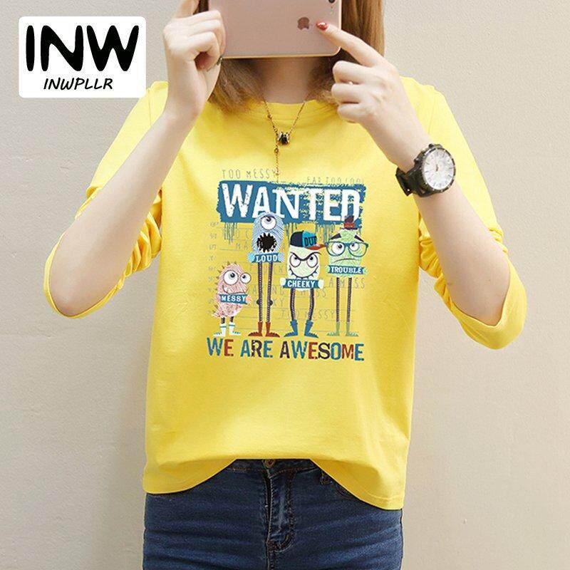 INWPLLR เสื้อยืดลำลองเสื้อเสื้อยืดสตรี Harajuku การ์ตูนเสื้อยืดพิมพ์ลายเสื้อผู้หญิงฤดูใบไม้ร่วง O - Neck แขนยาวตลกเสื้อยืดสำหรับผู้หญิง