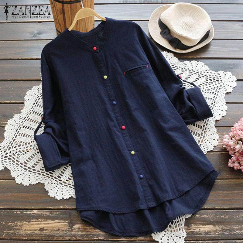 ZANZEA Women Long Sleeve Casual Shirt Tops Buttons Down Asym Cotton Blouse Plus