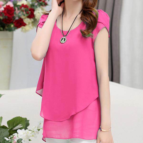 Amart แฟชั่นเสื้อผู้หญิงชีฟองแขนสั้นสีทึบหลวม Casual เสื้อยาวสีขาวขนาดพิเศษ - INTL