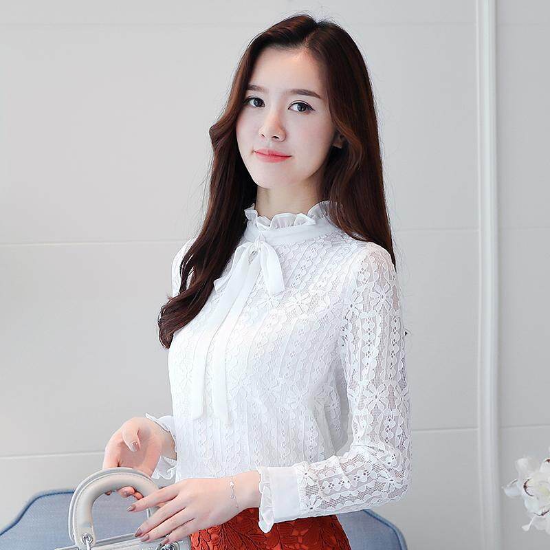 พจนานุกรมแฟชั่นสไตล์เกาหลี Slim STAND COLLAR เสื้อลูกไม้แขนยาวเสื้อเสื้อยืด