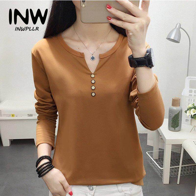 INWPLLR ผู้หญิง Tops Tees ฝ้ายผ้าฝ้าย T เสื้อแขนยาวสไตล์ฤดูใบไม้ร่วงเสื้อยืดผู้หญิงขนาดใหญ่ขนาดเสื้อผ้าผู้หญิงเสื้อยืดคอวี