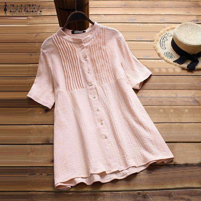 ZANZEA Women Short Sleeve Cotton T-Shirt Blouse Pleated Loose Buttons Down Shirt Tops
