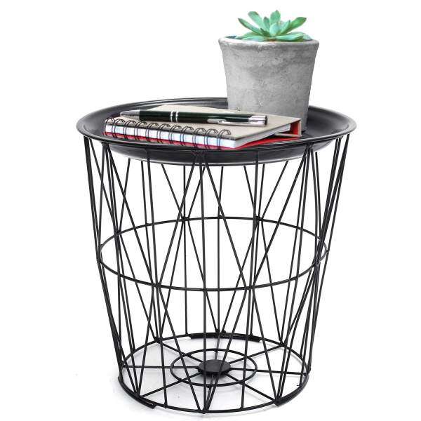 Black Geometric Iron Metal Wire Round Tray Top Storage Side Table Basket