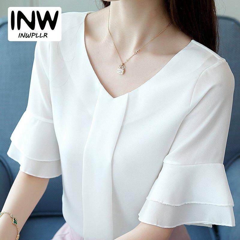 INWPLLR เสื้อสตรี Casaul ชีฟองธรรมดาเสื้อสตรี Flare Sleeve เกาหลีแฟชั่นของผู้หญิง Tops หญิงขนาดพิเศษ