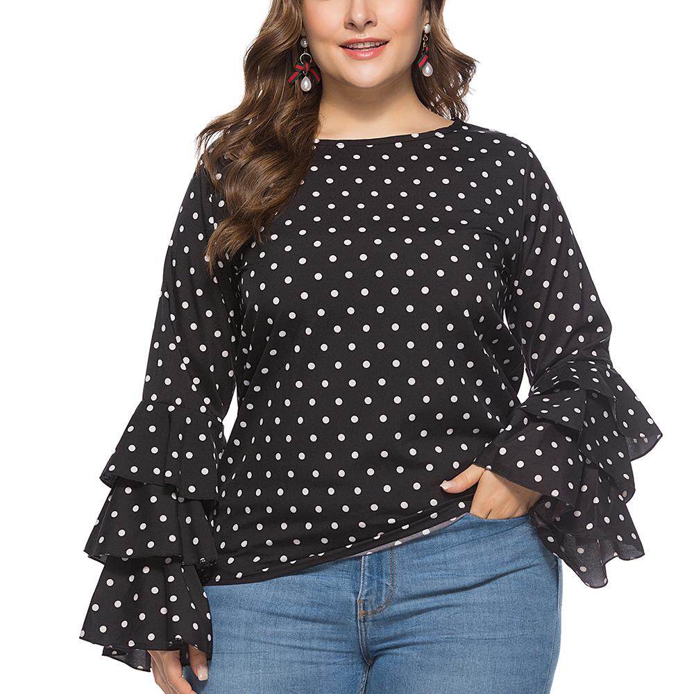 Plus Size Woman Polka Dot Blouse Big Size Chiffon Shirts Fashion O-neck Long Cascading Butterfly Clothing Retro High Street Tops