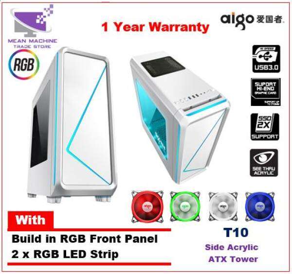 Aigo T10 White RGB Front Panel ATX Acrylic Gaming Chassis with RGB Stripe Malaysia