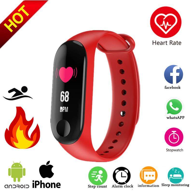M3 Smartband หน้าจอสีสมาร์ทวอท์ชกำไลข้อมือเล่นกีฬาในฟิตเนส IP68 เครื่องวัดกิจกรรมกันน้ำนาฬิกาอัจฉริยะสำหรับ iPhone Xiaomi Huawei OPPO VIVO PK Mi บาง 3