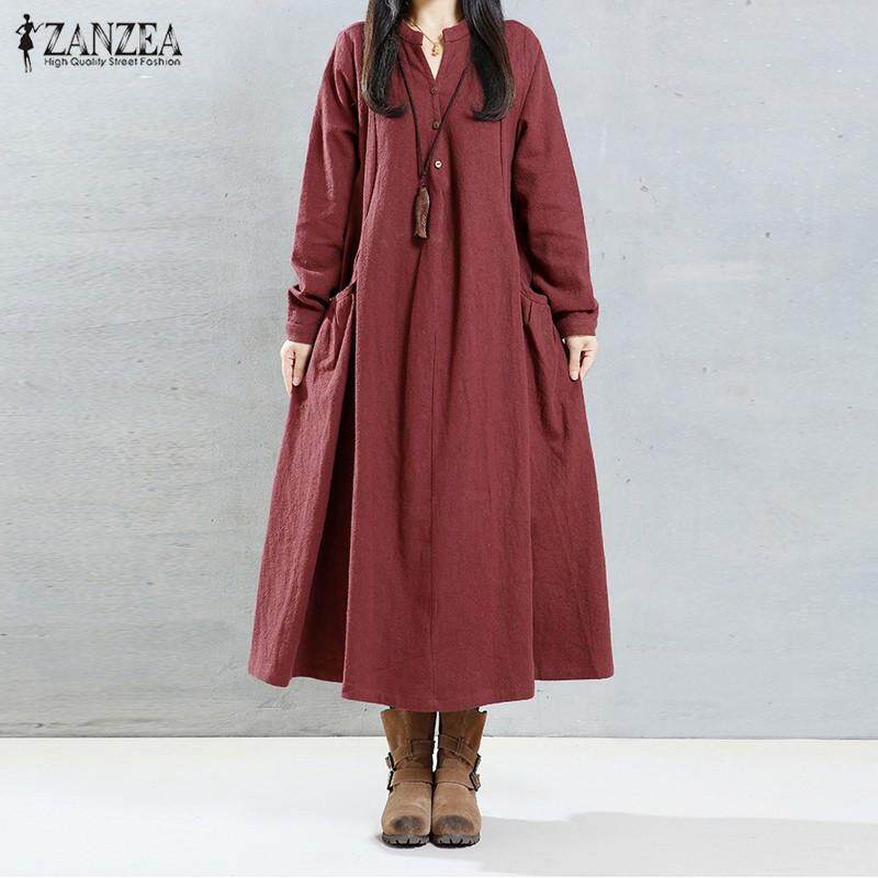 ZANZEA Women Long Sleeve V Neck Cotton Vintage Kaftan Casual Loose Maxi Dress