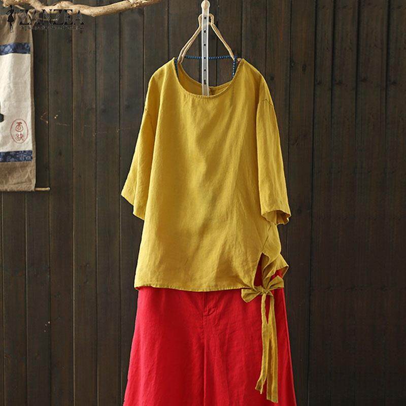ZANZEA Women Plus Size Baggy 3/4 Sleeve Retro Cotton Top Tee T Shirt Blouse