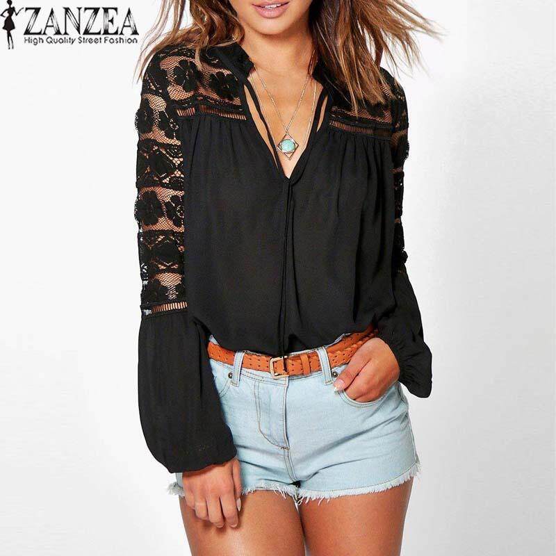ZANZEA Lace-up Tops Women V Neck Lace Crochet Patchwork Long Sleeve Blouses - intl ZANZEA Lace-up Tops Women V Neck Lace Crochet Patchwork Long Sleeve Blouses - intl