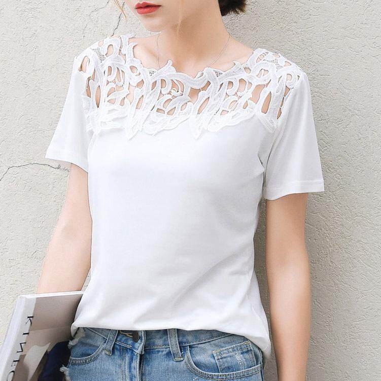Female Milk Silk Lace Patchwork Blouse Shirt Short Sleeve Shirt Elegant Ladies Tops Plus Size Women's Clothing Female Milk Silk Lace Patchwork Blouse Shirt Short Sleeve Shirt Elegant Ladies Tops Plus Size Women's Clothing