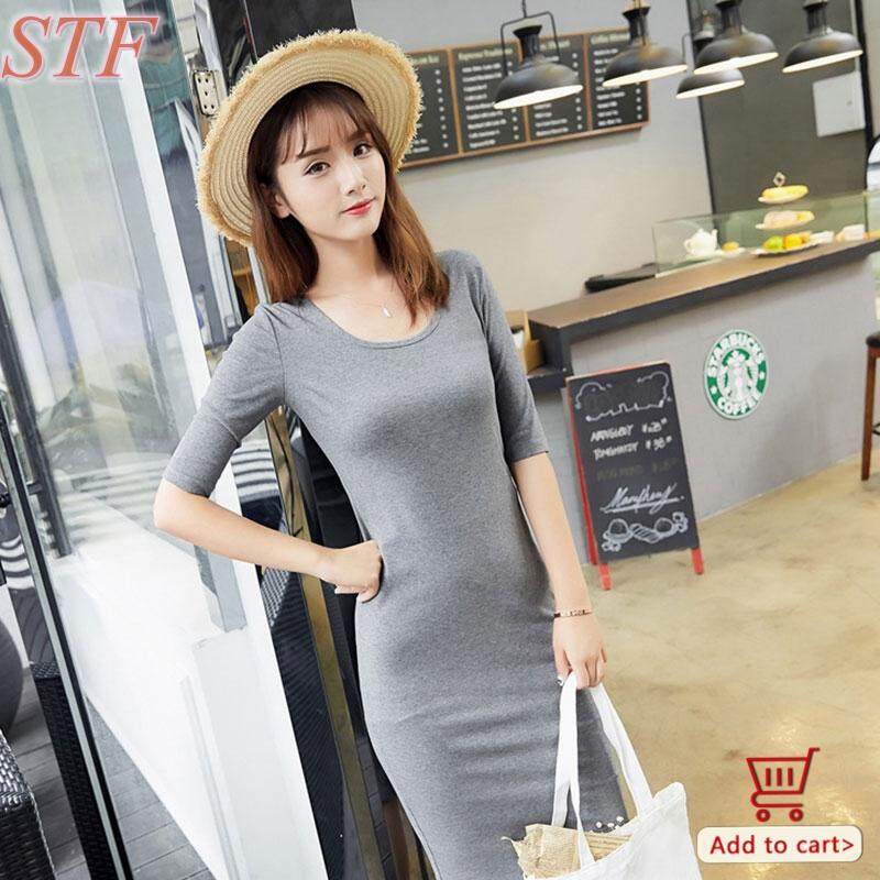 STF ชุดผู้หญิงใหม่ยาวปานกลางชุดผ้าฝ้ายสำหรับ girs PLAIN Slim แขนกระโปรงขนาดบวกบางยาว skirt【READY STOCK - คุณภาพสูง】