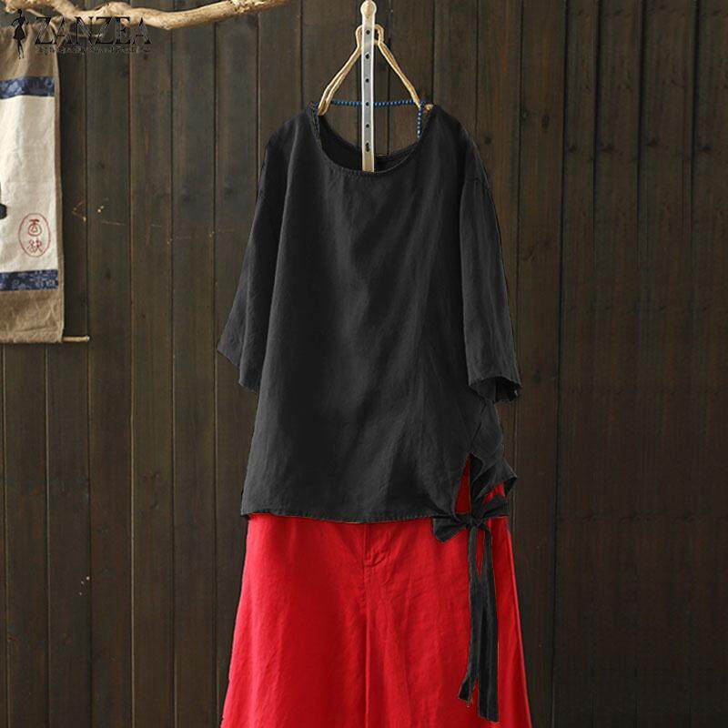 ZANZEA Women Plus Size Baggy 3/4 Sleeve Retro Cotton Top Tee T Shirt Blouse