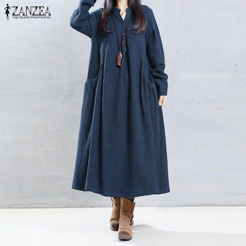 ZANZEA Women Long Sleeve V Neck Cotton Vintage Kaftan Casual Loose Maxi Dress