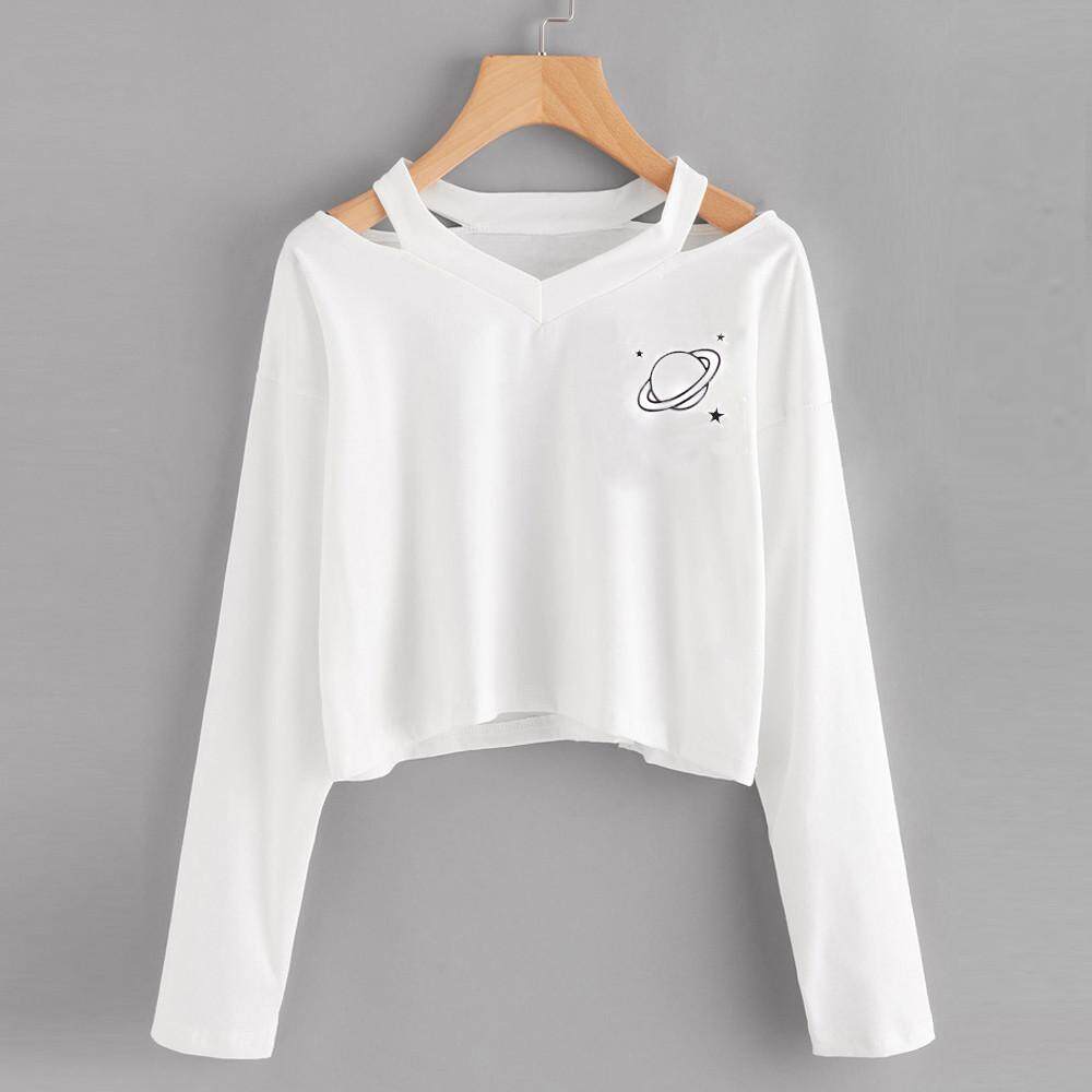 Teresastore แฟชั่นผู้หญิง Casual Planet แขนยาวพิมพ์ลาย TOP เสื้อเอวลอยเสื้อ