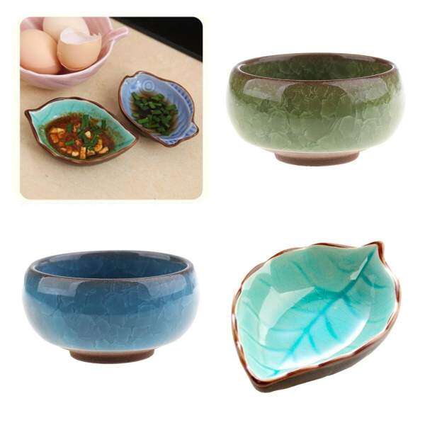 BolehDeals 3cs Ceramic Crack Bowl Sushi Jam Dipping Bowl Sauce Plate Dish Leaf +Round