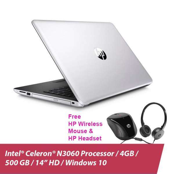 HP 14-bs538TU Laptop (Celeron N3060, 4GBD3, 500GB, 14.0, Win10) - Natural Silver + HP X3000 Wireless Mouse n HP H2800 Headset Malaysia