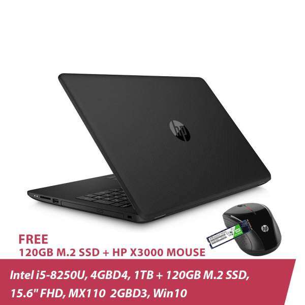 HP 15-da0006TX Laptop 4HG22PA (Intel i5-8250U, 4GBD4, 1TB, 15.6 FHD, MX110 2GBD3, Win10) - (Jet Black) + 120GB M.2 SSD+ HP X3000 Wireless Mouse Malaysia