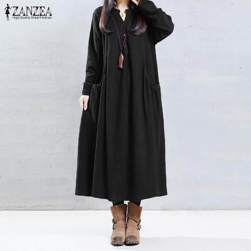 ZANZEA Women Long Sleeve V Neck Cotton Vintage Kaftan Casual Loose Maxi Dress