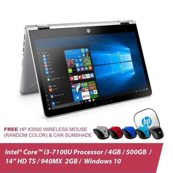 HP Pavilion x360 14-ba063TX Laptop (i3-7100U, 4GBD4, 500GB, 940MX 2GB, 14.0, Win10) - Natural silver + HP Red/Black Sleeve, HP x3000 Mouse, HP Stylus Pen, Car SunShade Malaysia