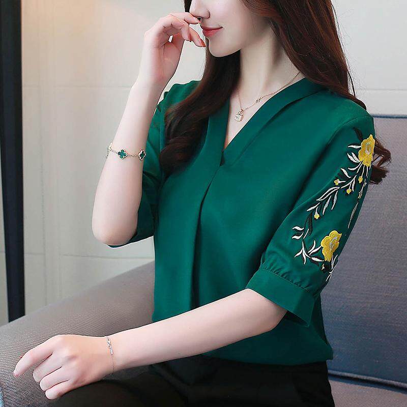 พจนานุกรมแฟชั่นฉบับภาษาเกาหลีใหม่ปักเสื้อคอวีแขนสั้นเสื้อชีฟองเสื้อผู้หญิง