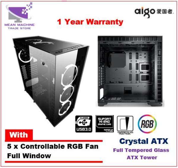 Aigo Crystal ATX Full Window Tempered Glass with 5 RGB Fan Gaming Chassis Malaysia