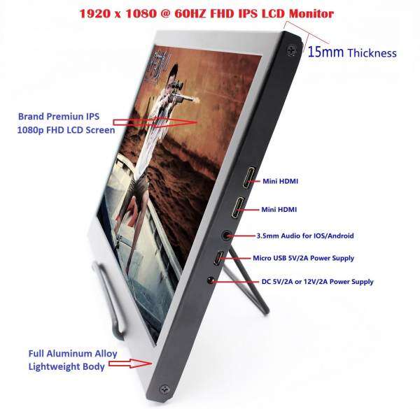 13.3 inch IPS 1920x1080 Full HD Portable Lightweight 1080p LCD Monitor with HDMI x 2 / 3.5mm Audio / Micro USB Ports, 5V 2A Micro USB Power Supply. Malaysia