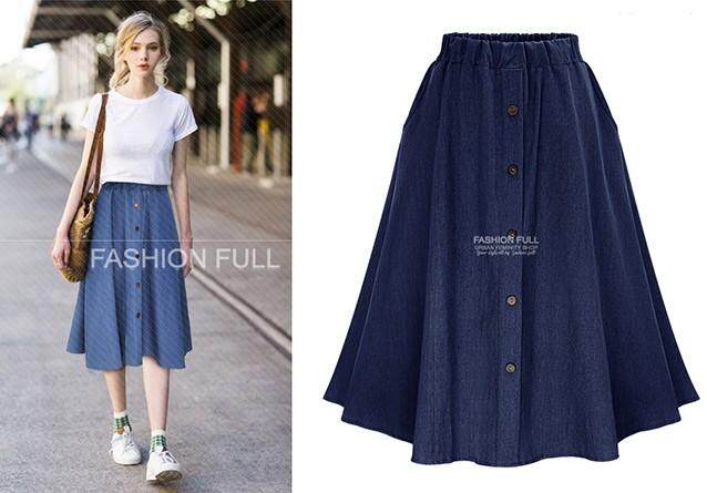 กระโปร่งยีนส์ยาวผู้หญิง Long Dark Blue Soft Denim Shorts