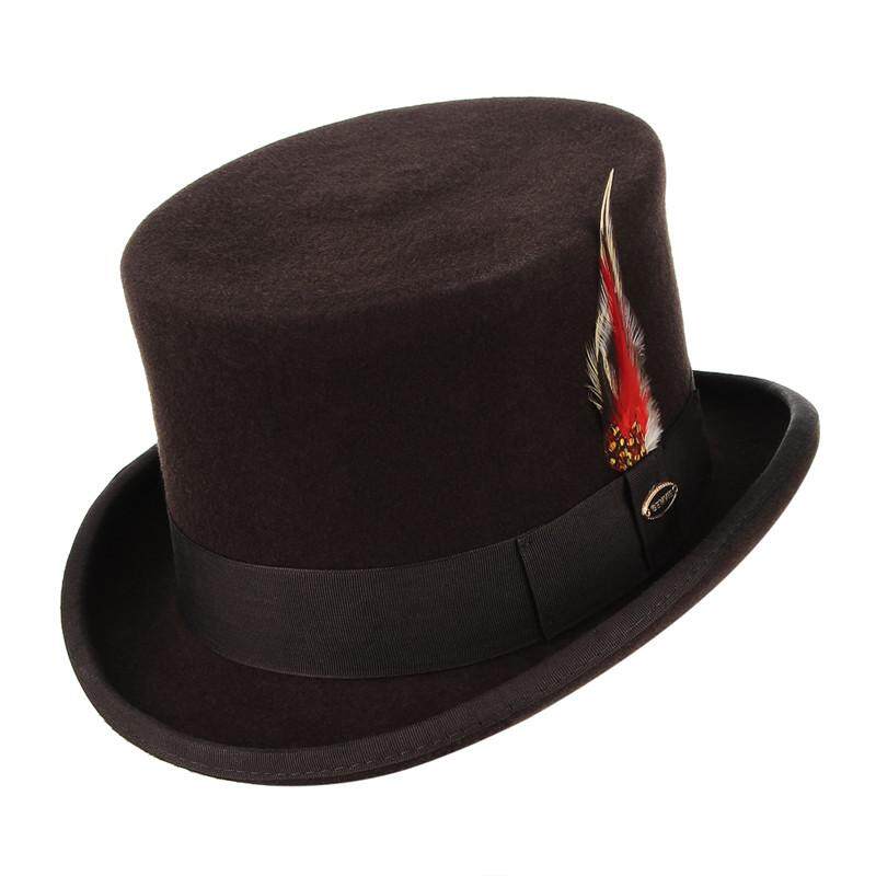 GEMVIE Retro Men Top Hat 100% Wool Fedoras Classical President Cap With Feather Formal Party Gentlemen Hat Punk Style Cosplay Magician Magic Hat