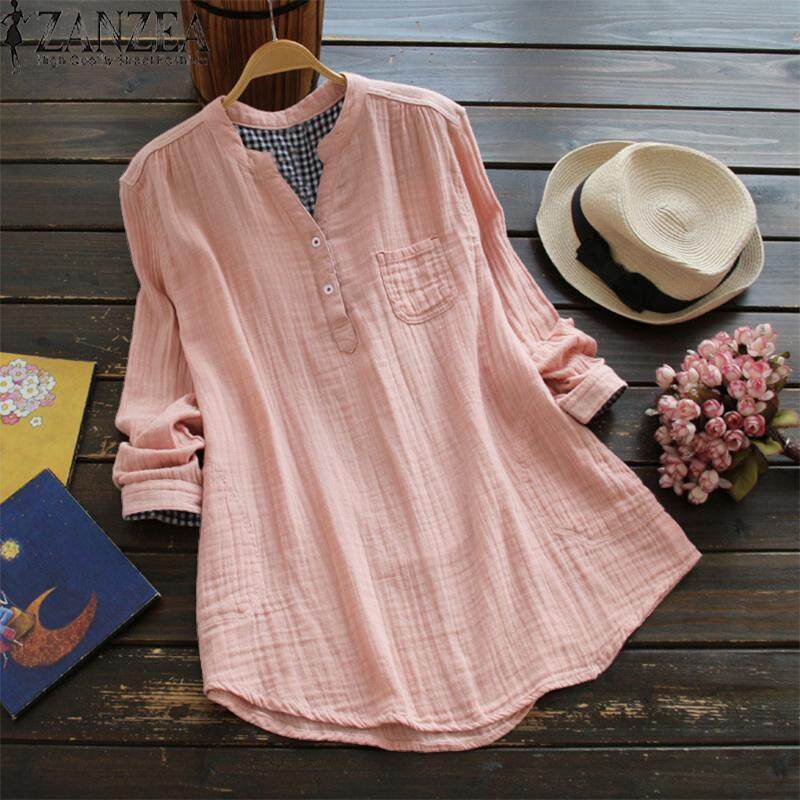 ZANZEA Women Casual Long Sleeve Cotton Blouse T Shirt Loose Button Up Tunic Top - intl