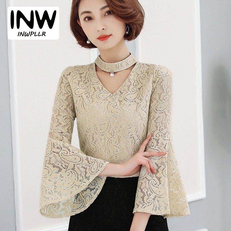 INWPLLR แฟชั่นของผู้หญิงเสื้อลูกไม้ผู้หญิงลำลองประดับด้วยลูกปัดเสื้อสตรีคอวีเกาหลีเสื้อแขนบานสำหรับผู้หญิงเสื้อฤดูร้อนฤดูใบไม้ร่วงเสื้อสตรี