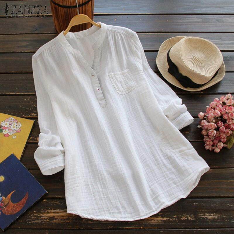 ZANZEA Women Long Sleeve Cotton Casual Shirt Tops Tunics Loose Blouse Ethnic Plus Shirt