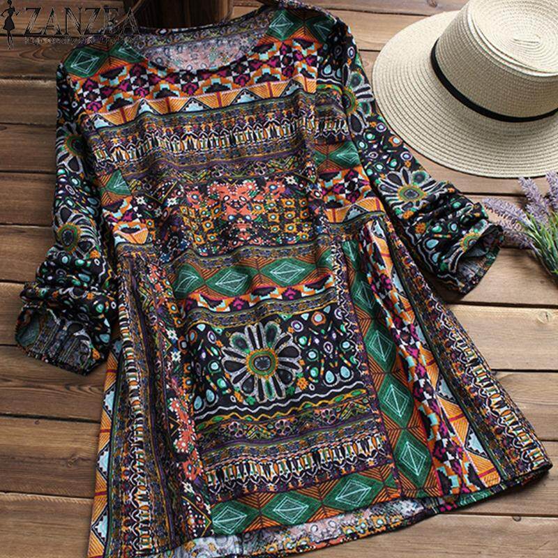 ZANZEA ผู้หญิงลำลองวินเทจเสื้อสตรีเสื้อเสื้อยืดขนาดใหญ่พิเศษเสื้อนอกลายดอกไม้ - INTL