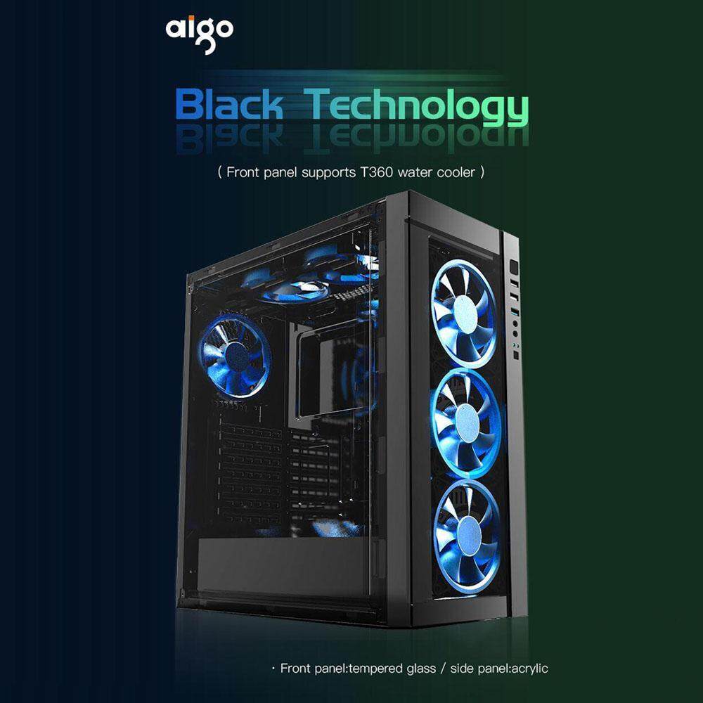 Aigo Black Technology Front Panel Tempered Glass Full Window Casing + 3 Units Aigo Z6 Dual LED Ring Fan Malaysia