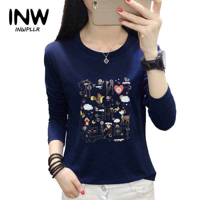 INWPLLR TShirt เสื้อยืดสตรีเสื้อคอตตอน TEE หญิง T เสื้อตลกเสื้อยืดพิมพ์ลายแขนยาวสไตล์ฤดูใบไม้ร่วงเสื้อผู้หญิงขนาดพิเศษเสื้อยืด