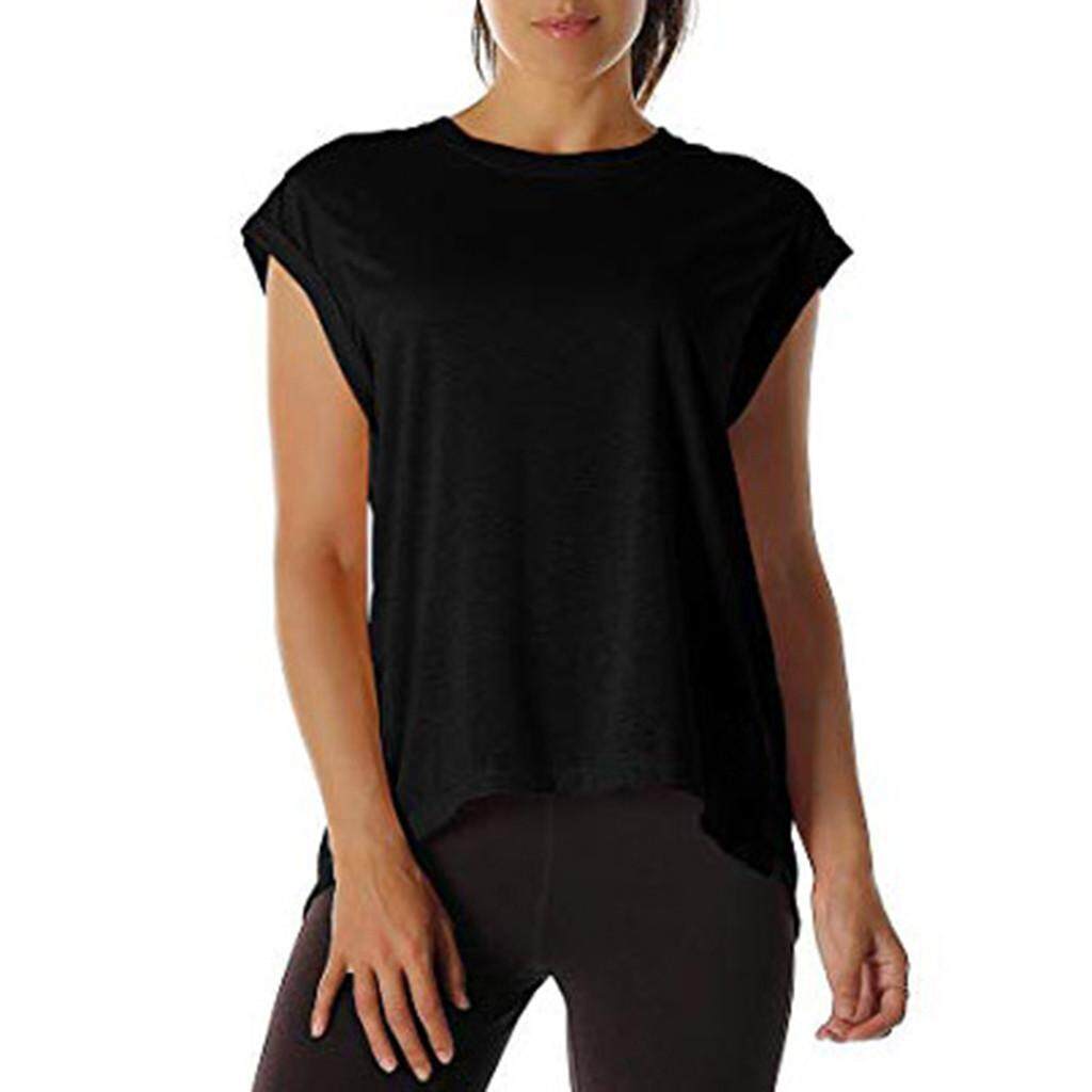 Qyshop ผู้หญิงเปิดด้านหลังเสื้อออกกำลังกายเสื้อโยคะ Activewear เสื้อออกกำลังกาย T เสื้อ