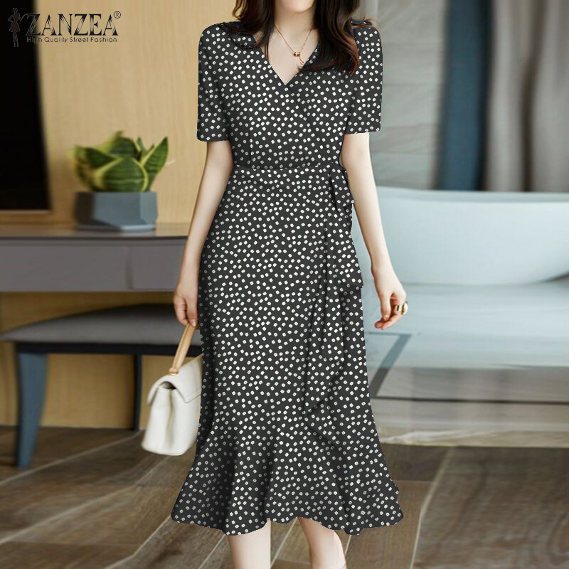 Esolo ZANZEA Women Floral Polka Dot V Neck Midi Dress Short Sleeve