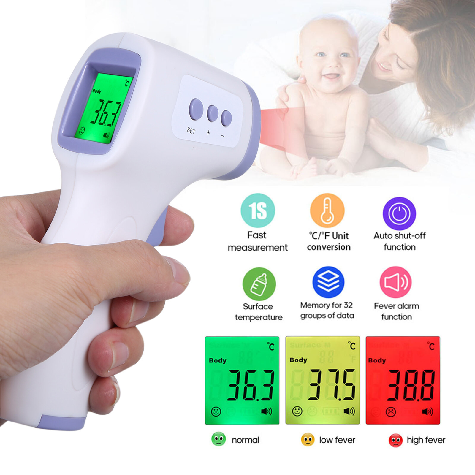 Termometer Inframerah Non Kontak Layar LCD Pengukur Suhu Kening Tubuh