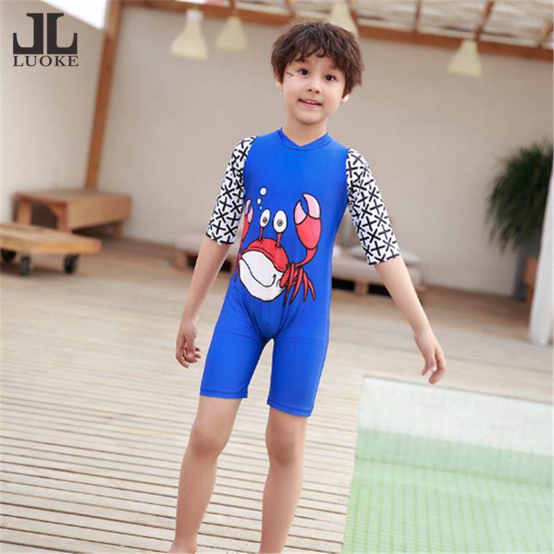 Luoke สีฟ้าชุดว่ายน้ำเด็กการ์ตูนปู One ชิ้นครึ่งแขนเสื้อและกางเกงขาสั้นชุดว่ายน้ำกันแดดสำหรับชาย