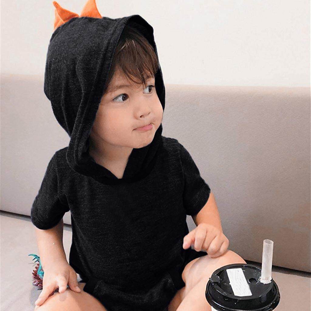 KATATA เด็กทารกแขนสั้นแข็งไดโนเสาร์ชุดจั๊มสูทมีฮู้ด Romper เสื้อผ้า KATATA เด็กทารกแขนสั้นแข็งไดโนเสาร์ชุดจั๊มสูทมีฮู้ด Romper เสื้อผ้า